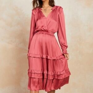 Current Air Pink Tiered Silky Midi Dress S